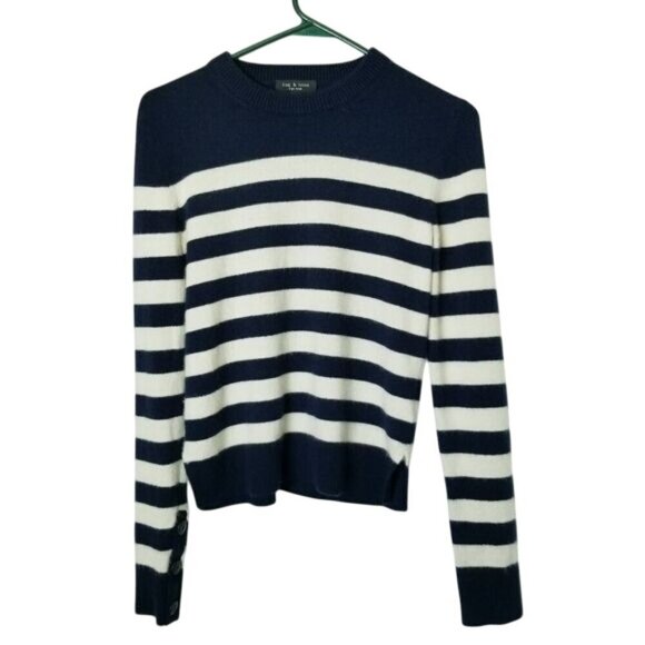 Rag & Bone Womens Striped 100% Cashmere Sweater XS Navy & White Nautical Basics‎ - Picture 1 of 10